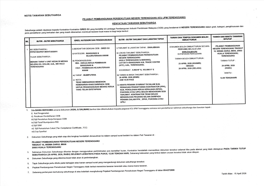 KENYATAAN TAWARAN SEBUTHARGA PEJABAT PEMBANGUNAN PERSEKUTUAN NEGERI TERENGGANU