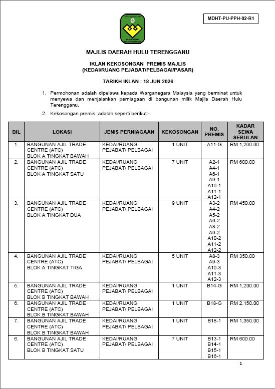 IKLAN KEKOSONGAN PREMIS MAJLIS DAERAH HULU TERENGGANU (JUN 2026)